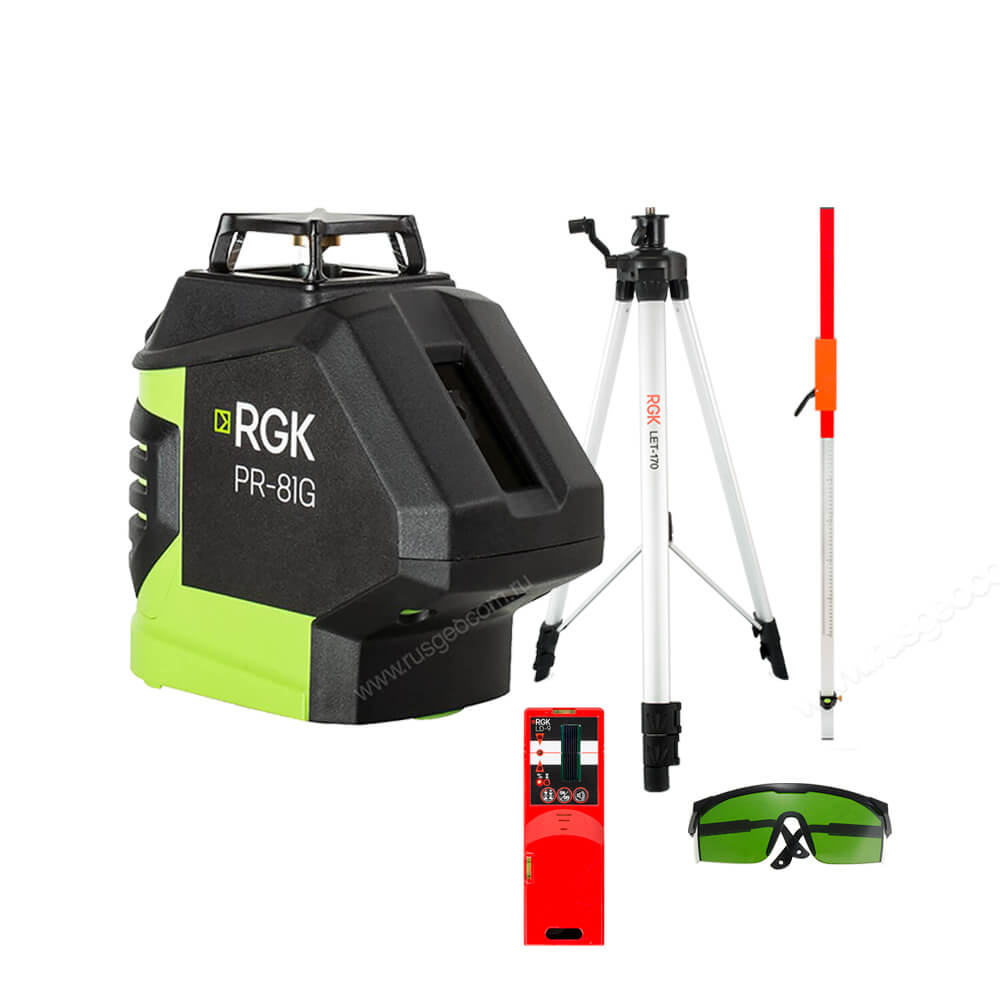 Комплект: лазерный уровень RGK PR-81G + штатив RGK LET-170 рейка RGK LR-2 приёмник RGK LD-9 зелёные очки RGK